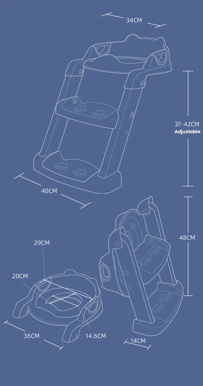 "Sammenleggbar Potty Training Seat, justerbar, trygg, hvit og blå, passer til små bad, antiskli føtter, kompakt design."