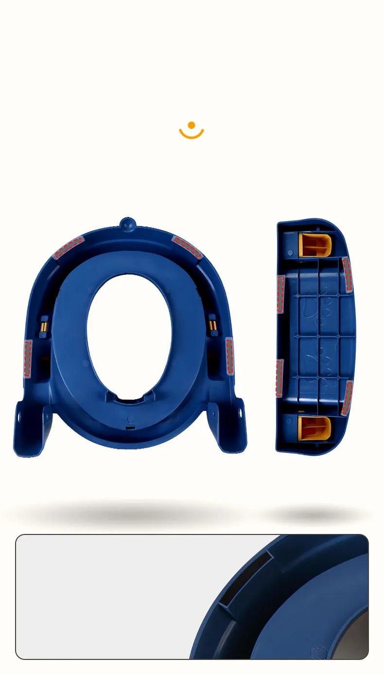 "Sammenleggbar Potty Training Seat, justerbar, trygg, hvit og blå, passer til små bad, antiskli føtter, kompakt design."