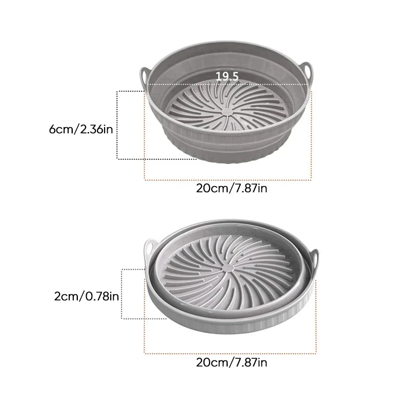 "Sammenleggbar silikongrillpanne for matlaging. Rød, plassbesparende design. Perfekt til airfryers og ovn."