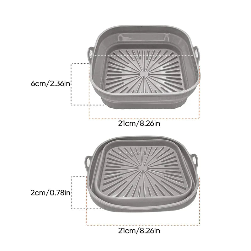 "Sammenleggbar silikongrillpanne for matlaging. Rød, plassbesparende design. Perfekt til airfryers og ovn."