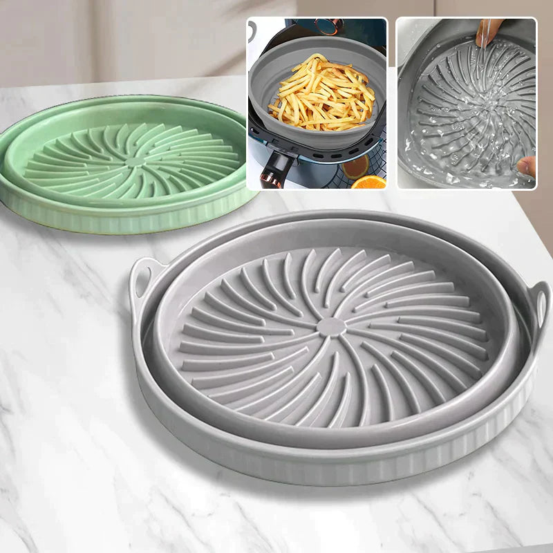 "Sammenleggbar silikongrillpanne for matlaging. Rød, plassbesparende design. Perfekt til airfryers og ovn."