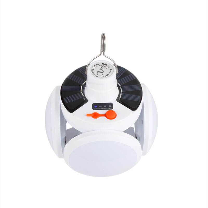Sammenleggbar LED-pære med solcellepanel. Et kompakt og bærbart lys for camping og turutstyr.