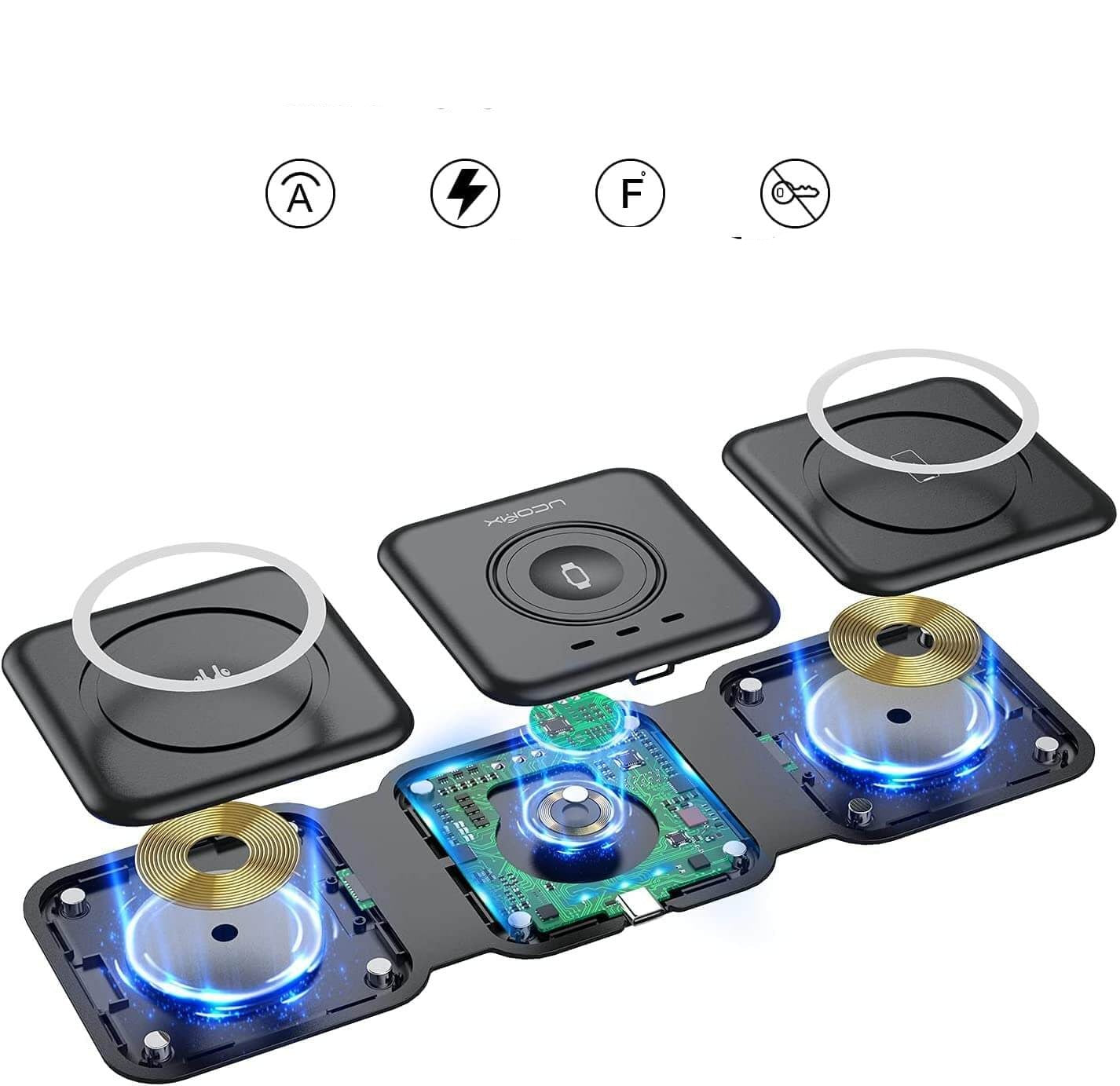 Nærbilde av den sammenleggbare trådløse ladepute, med fokus på magnetisk feste og trådløs lading.