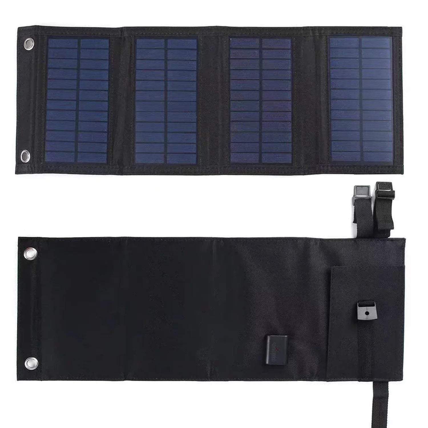 Stort bilde av solcellepanelet i naturen, fanger solenergi; ideelt for camping og strømforsyning.