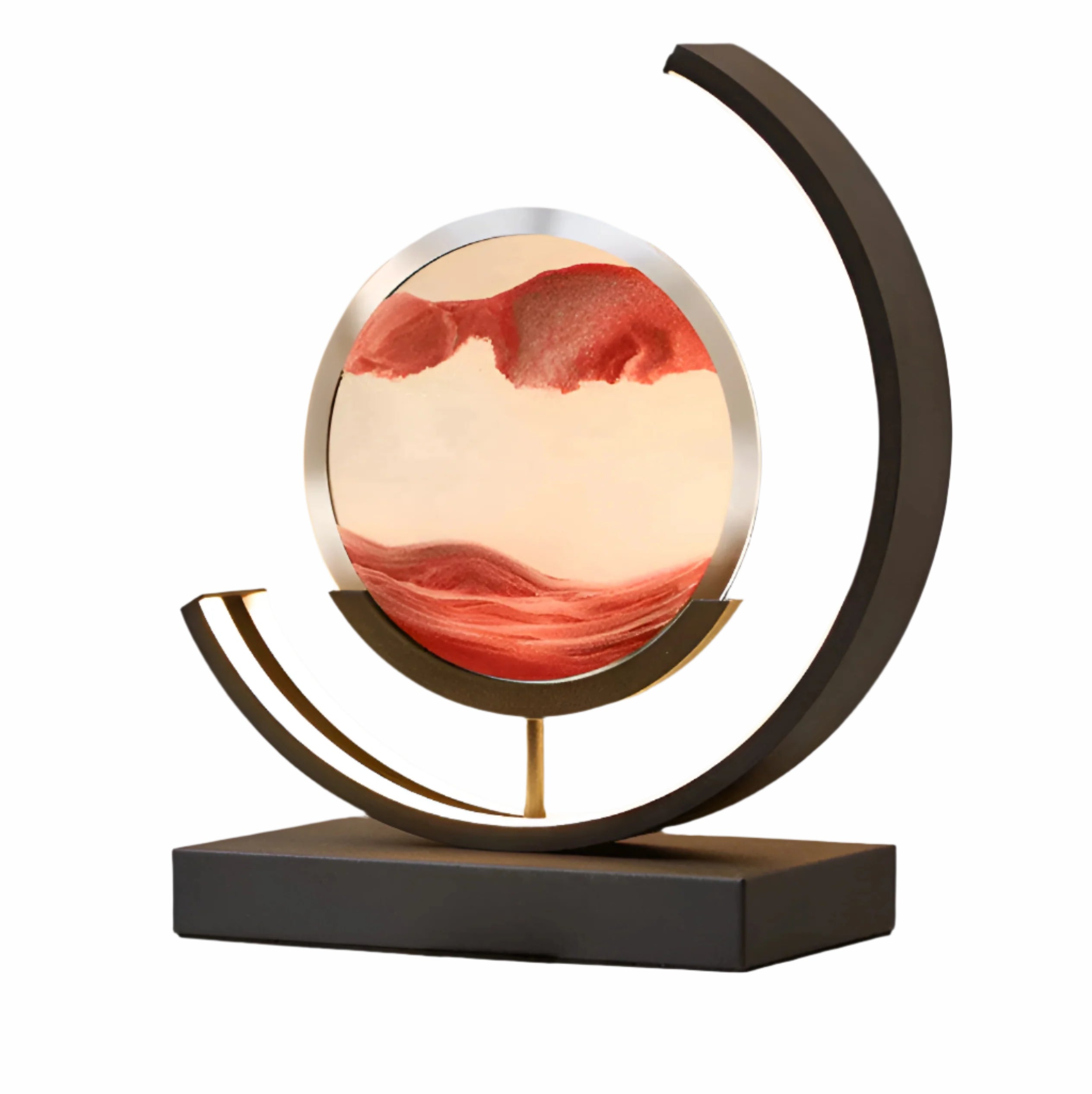 "Sandlampe med LED, hypnotiserende sandfall og stemningslys i moderne design, perfekt for dekorativ belysning."
