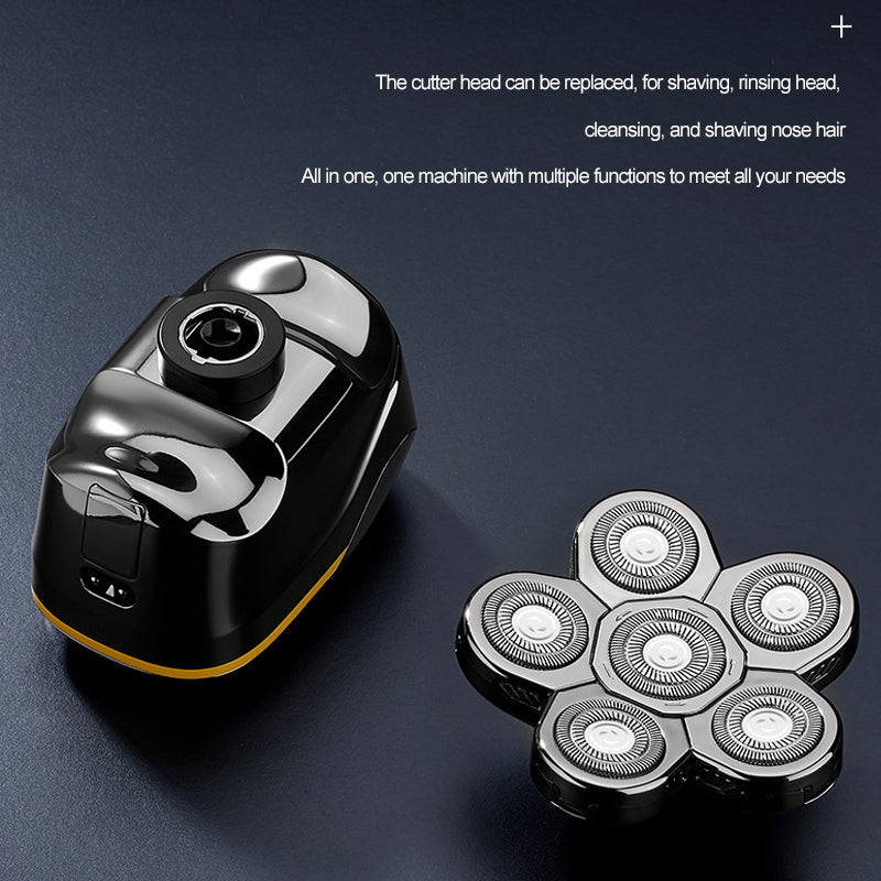 Seksblads elektrisk barbermaskin med ergonomisk design, ideell for tett barbering, avbildet i bruk mot ansiktskonturer.