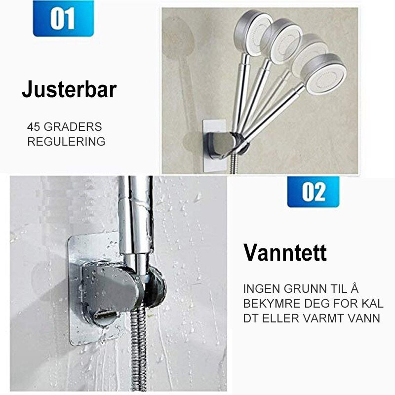 "Selvklebende justerbar dusjhodeholder i høy kvalitet ABS-plast, sterke klebemidler, montert på glatte overflater."