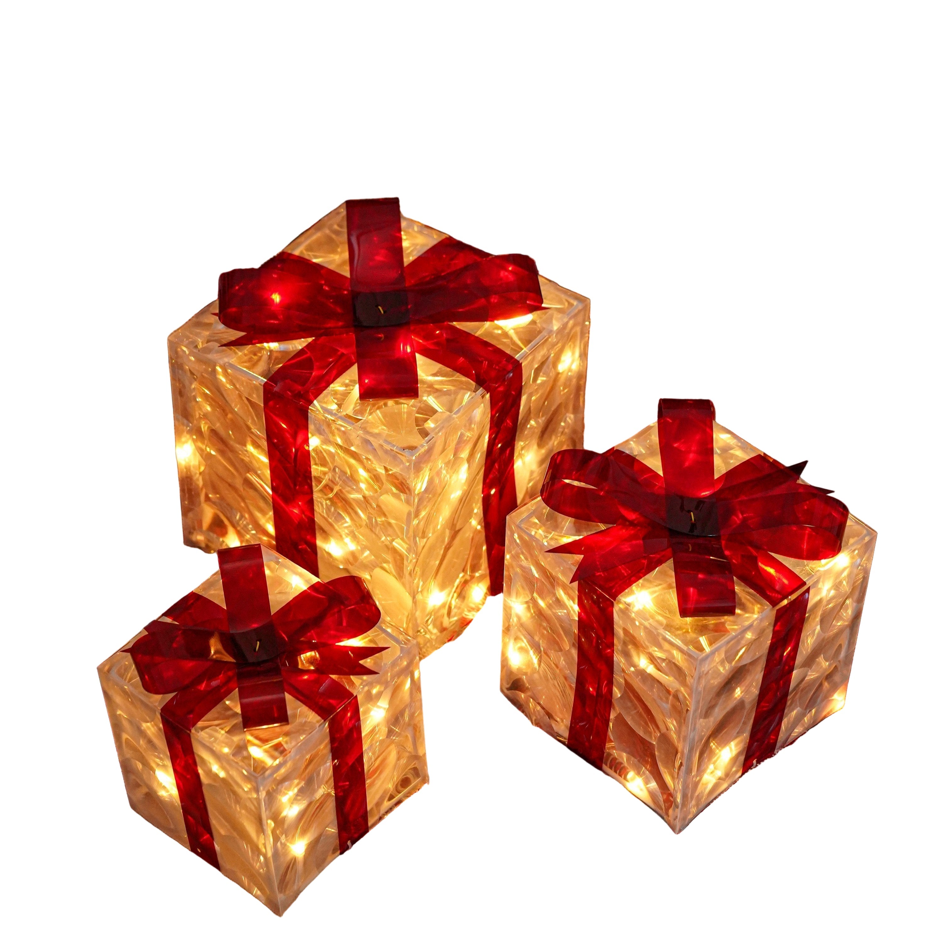 Sett med 3 opplyste julegaveesker med LED-lys, perfekt for innendørs og utendørs juledekorasjon.