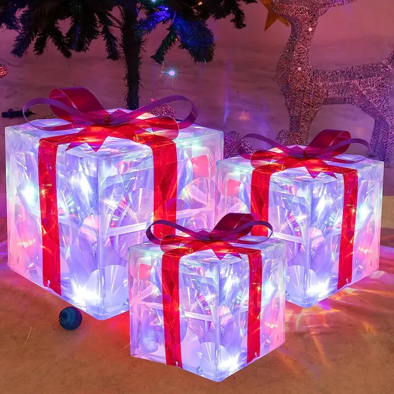 Festlige opplyste gaveesker (3-pakning) med varmt LED-lys, ideelt for stemningsfull julepynt og vinterdekor.