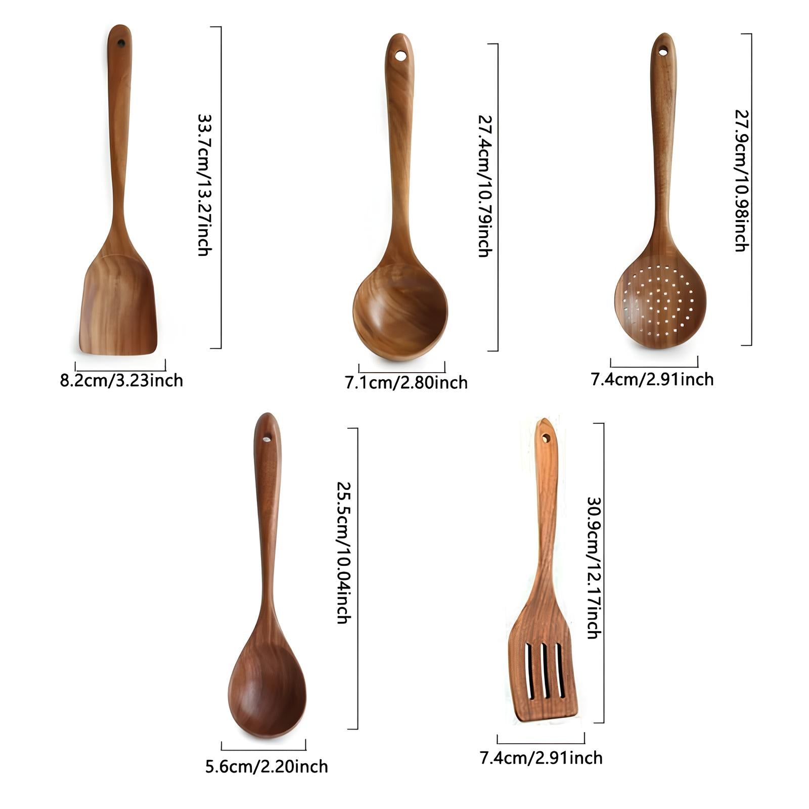 "Sett med 5 kjøkkenredskaper i naturlig teak, elegant design, inkludert spatula, øse, og spaghettiredskap."