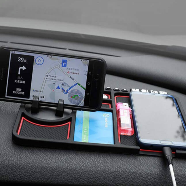 Kompakt dashbord mobilholder med anti-skli funksjon. Sikker feste for alle smarttelefoner i bil.