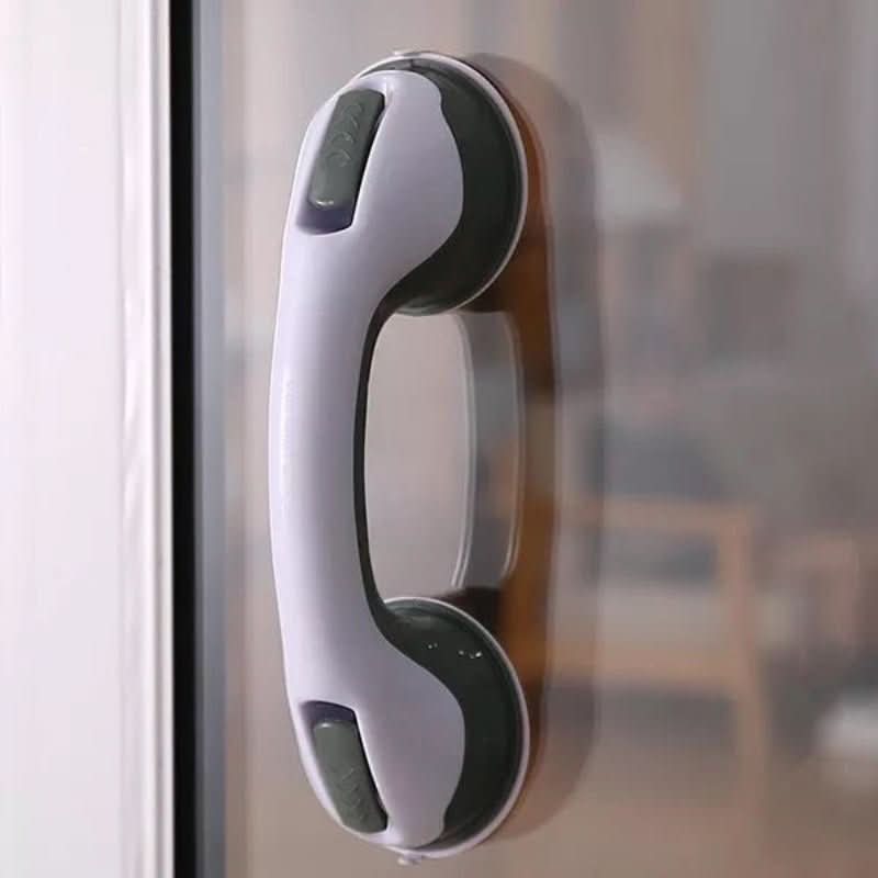 Detaljbilde av ergonomisk sikkerhetshåndtak med låsbare sugekopper, optimalt for baderoms trygghet.
