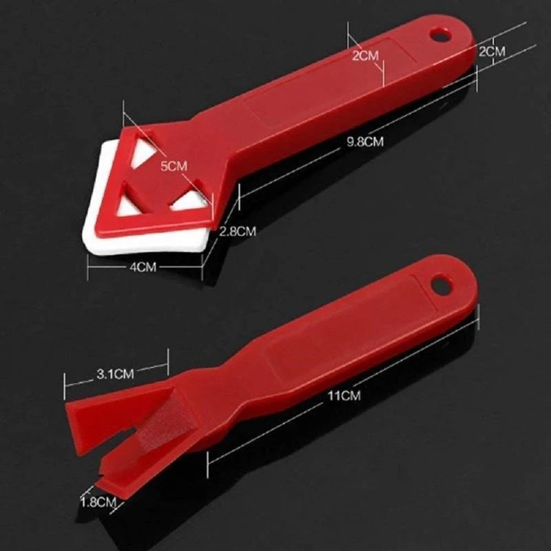 "Silikon fugeverktøy 3-i-1 i bruk for glatte hjørner og dusjer, ergonomisk design i svart med rustfritt stålblad."