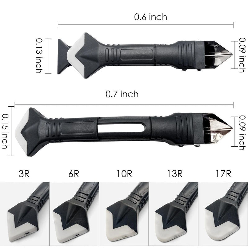 "Silikon fugeverktøy 3-i-1 i bruk for glatte hjørner og dusjer, ergonomisk design i svart med rustfritt stålblad."