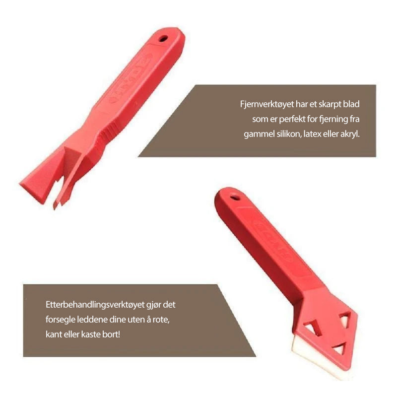"Silikon fugeverktøy 3-i-1 i bruk for glatte hjørner og dusjer, ergonomisk design i svart med rustfritt stålblad."