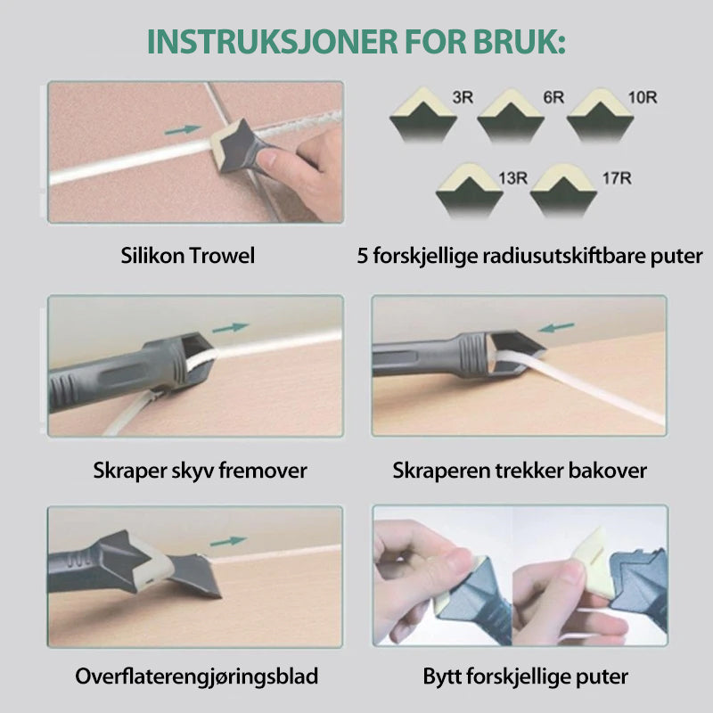 "Silikon fugeverktøy 3-i-1 i bruk for glatte hjørner og dusjer, ergonomisk design i svart med rustfritt stålblad."