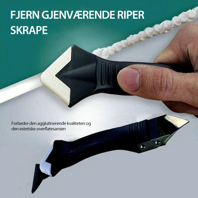 "Silikon fugeverktøy 3-i-1 i bruk for glatte hjørner og dusjer, ergonomisk design i svart med rustfritt stålblad."