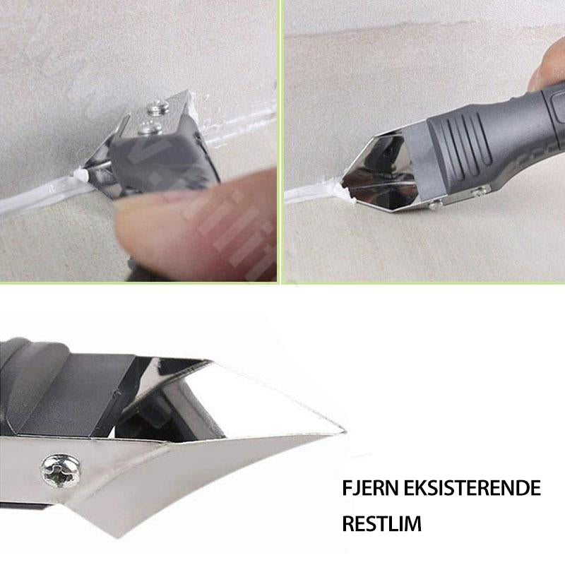"Silikon fugeverktøy 3-i-1 i bruk for glatte hjørner og dusjer, ergonomisk design i svart med rustfritt stålblad."