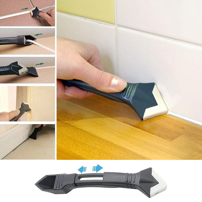 "Silikon fugeverktøy 3-i-1 i bruk for glatte hjørner og dusjer, ergonomisk design i svart med rustfritt stålblad."