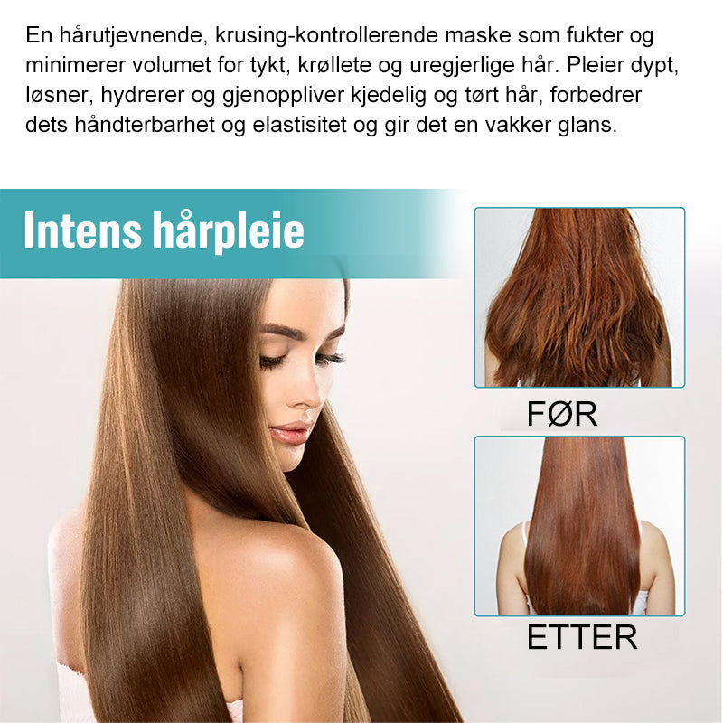 Silk & Gloss hårrettingkrem i elegant tube, gir silkeaktig rett hår uten varme. Naturlig glans og intens pleie.