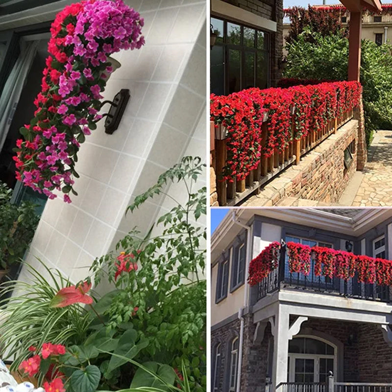 Simulert hengende blomsterkurv i naturlig stil med fargerike blomster mot nøytral bakgrunn, ideell for hjemmedekor.