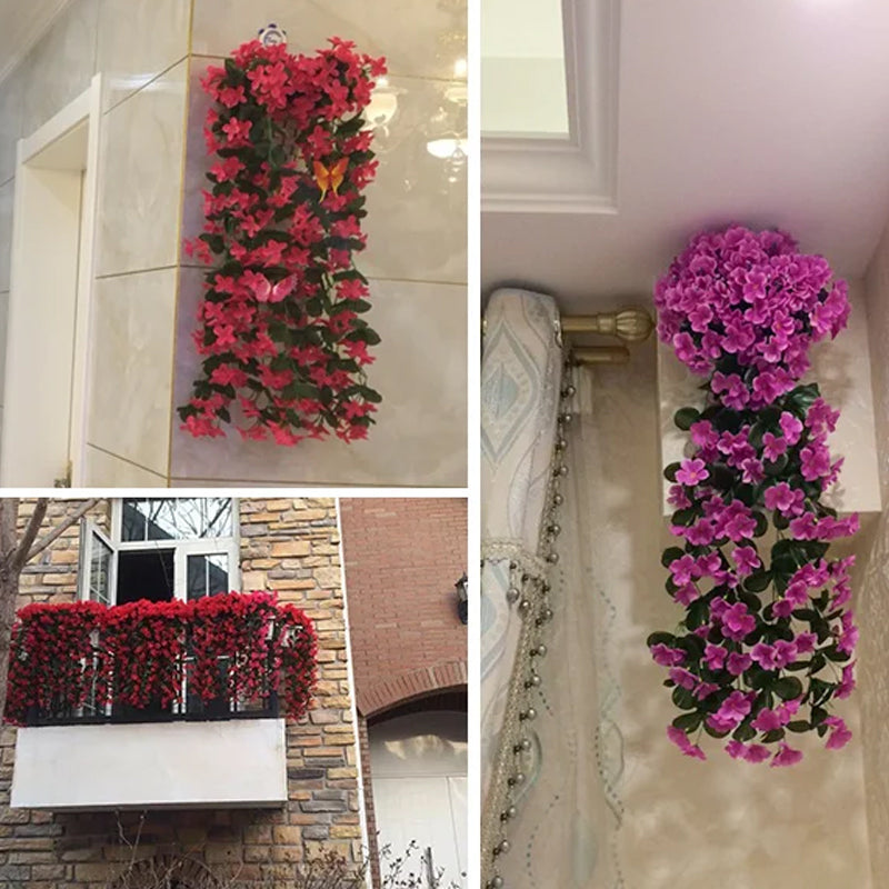 Simulert hengende blomsterkurv i naturlig stil med fargerike blomster mot nøytral bakgrunn, ideell for hjemmedekor.
