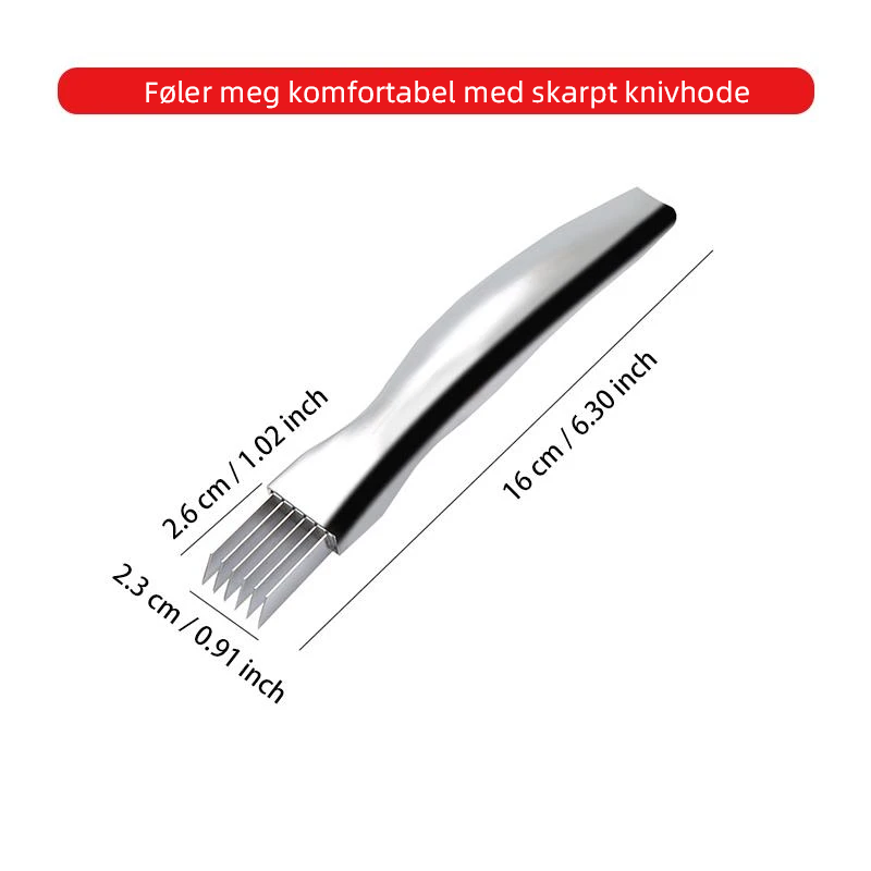 "Skarp løkkniv i rustfritt stål med ergonomisk håndtak, perfekt for grønnsakskutting på ditt kjøkken."