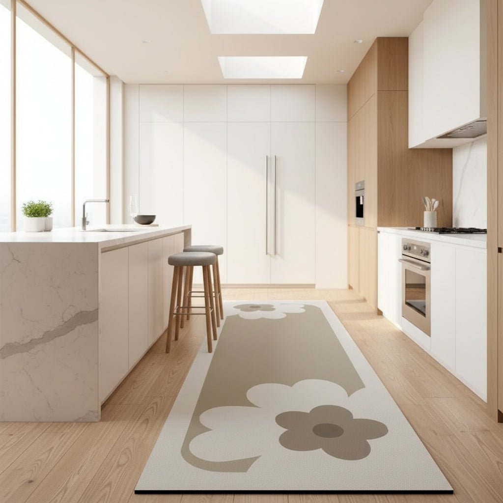 Moderne kjøkkenmatte designet for maksimal komfort ved vask og matlaging. Sklisikker og myk gulvmatte for hjemmet.