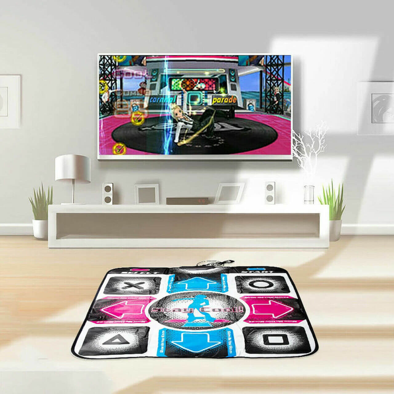 Holdbar PVC dansematte med sklisikker underside for trygg og aktiv gaming hjemme.