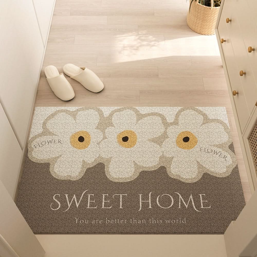 Detaljert bilde av tekstur på slitesterk inngangsmatte. Sklisikker dørmatte som effektivt fanger smuss i entré.