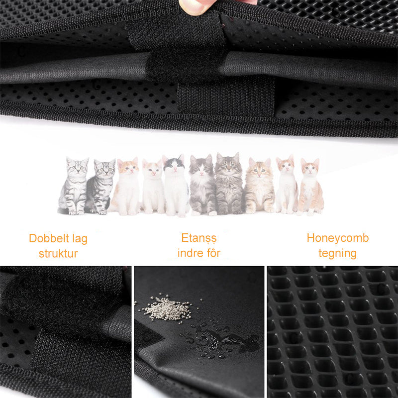 "Sklisikker kattelittermatte, vanntett, grå farge, fanger opp søppel, BPA-fri, praktisk for katteeiere."