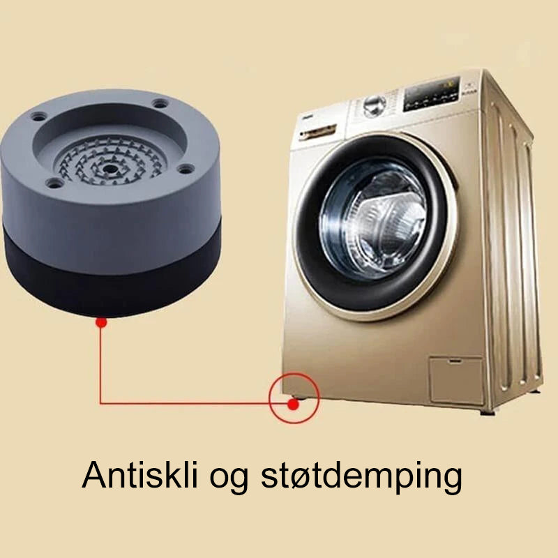 "Sklisikre vaskemaskinføtter i blått og grått, reduserer støy, universell passform, 4 stk, gir stabilitet på ujevne gulv."