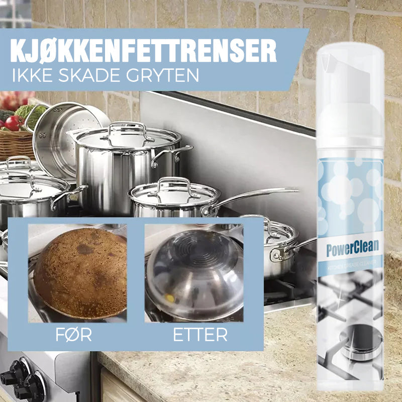 "Skummende rengjøringsmiddel i sprayflaske, fjerner lett fett og smuss fra grill og kjøkkenoverflater, gir glans."
