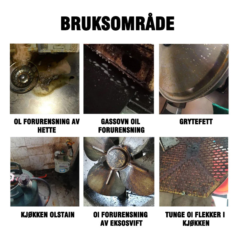 "Skummende rengjøringsmiddel i sprayflaske, fjerner lett fett og smuss fra grill og kjøkkenoverflater, gir glans."