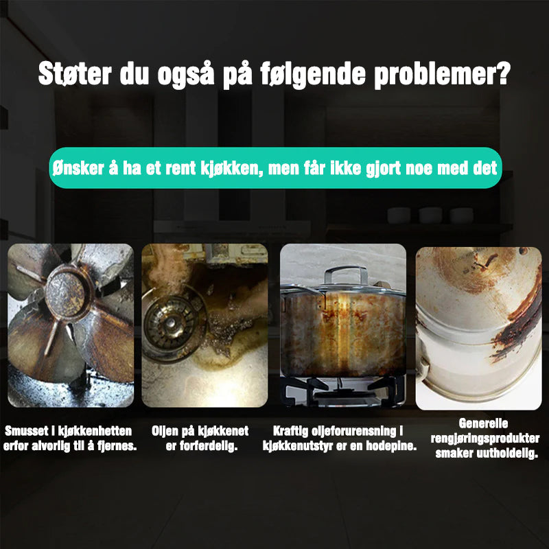 "Skummende rengjøringsmiddel i sprayflaske, fjerner lett fett og smuss fra grill og kjøkkenoverflater, gir glans."