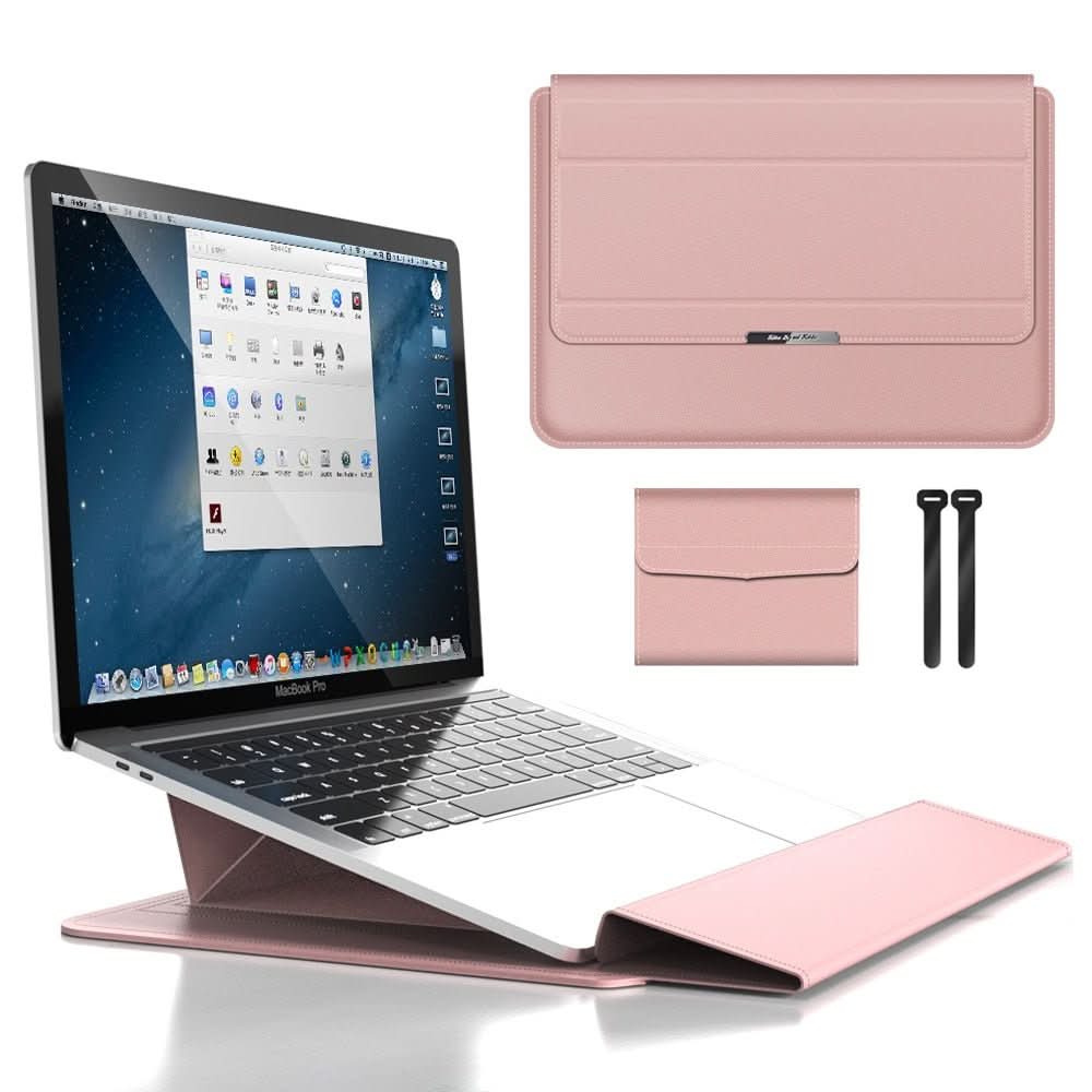Moderne laptop-sleeve vist fra forskjellige vinkler, fremhever slank profil og stilfull finish.