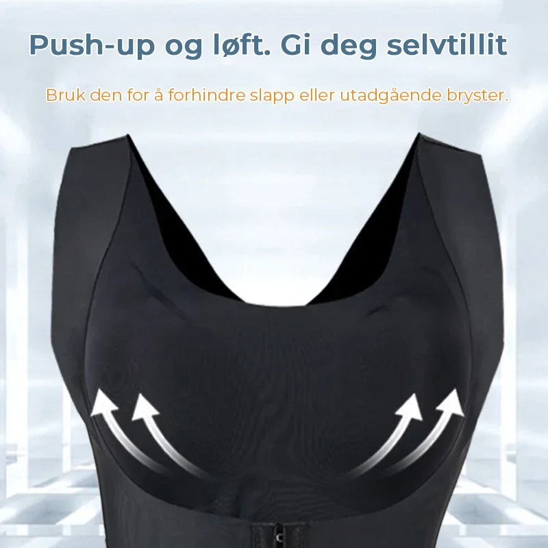 "Slankende holdningskorrigerende formklær sett forfra, elegant design for jevn kroppssiluett og bedre kroppsholdning."