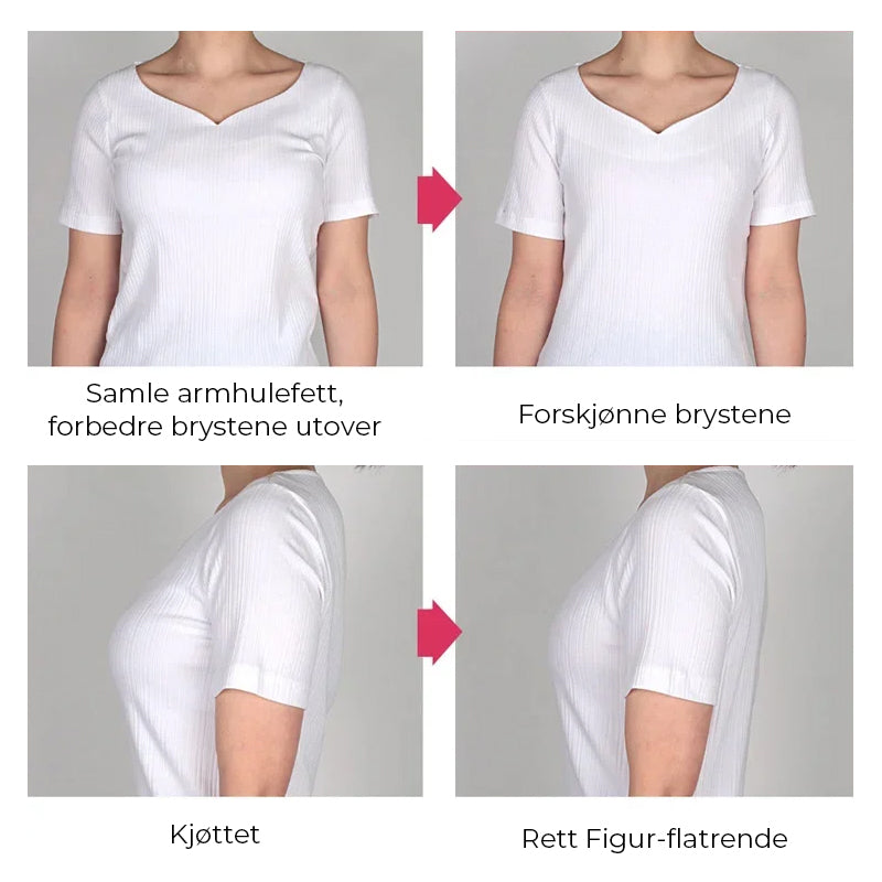"Slankende holdningskorrigerende formklær sett forfra, elegant design for jevn kroppssiluett og bedre kroppsholdning."