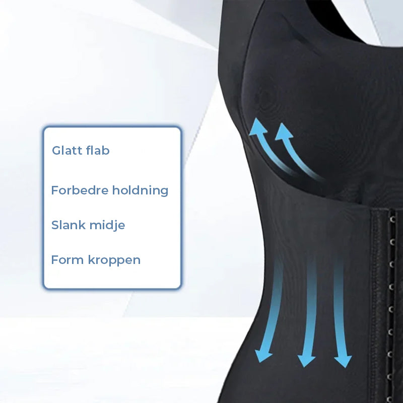 "Slankende holdningskorrigerende formklær sett forfra, elegant design for jevn kroppssiluett og bedre kroppsholdning."