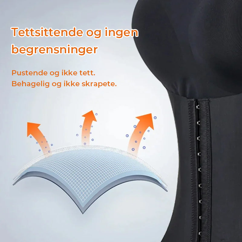 "Slankende holdningskorrigerende formklær sett forfra, elegant design for jevn kroppssiluett og bedre kroppsholdning."