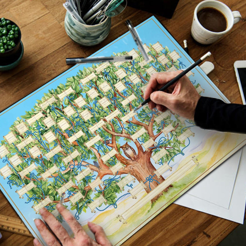 "Slektsdiagram i quillingpapir, plass til 6 generasjoner, dekorativt og detaljert for hjemmet, perfekt genealogiverktøy."