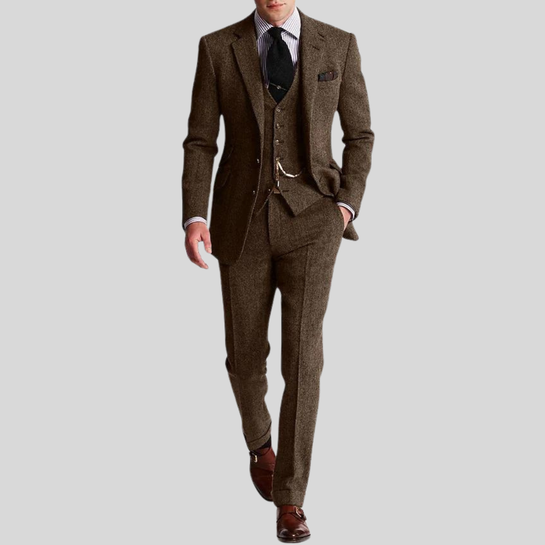 Slim-fit herredress i 3 delt ullblanding, jakke, vest, bukse; ideell for formelle anledninger, moderne og elegant stil.