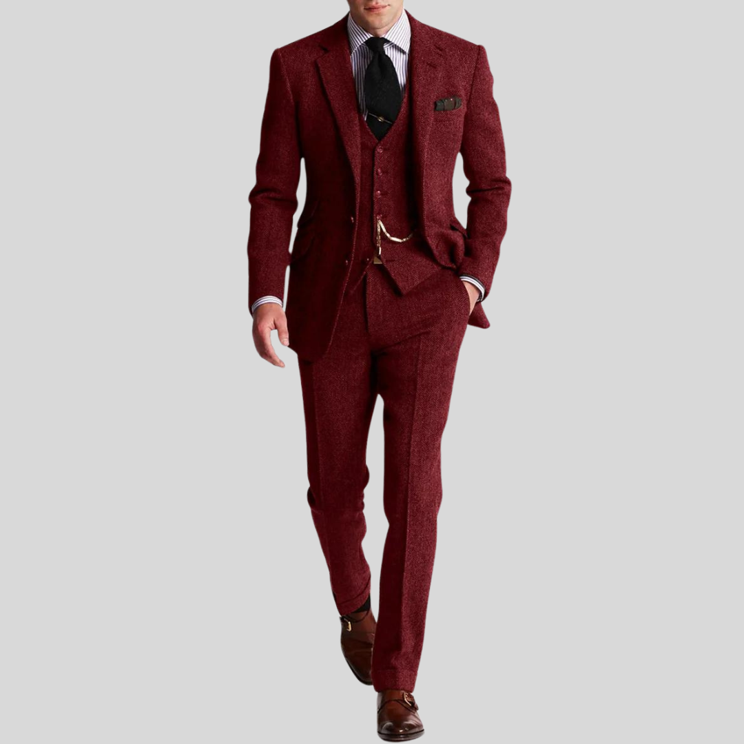 Slim-fit herredress i 3 delt ullblanding, jakke, vest, bukse; ideell for formelle anledninger, moderne og elegant stil.