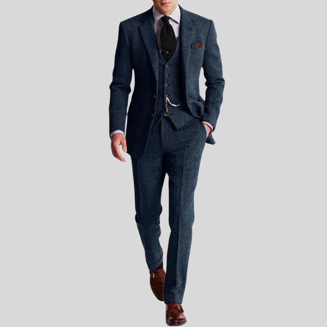 Slim-fit herredress i 3 delt ullblanding, jakke, vest, bukse; ideell for formelle anledninger, moderne og elegant stil.