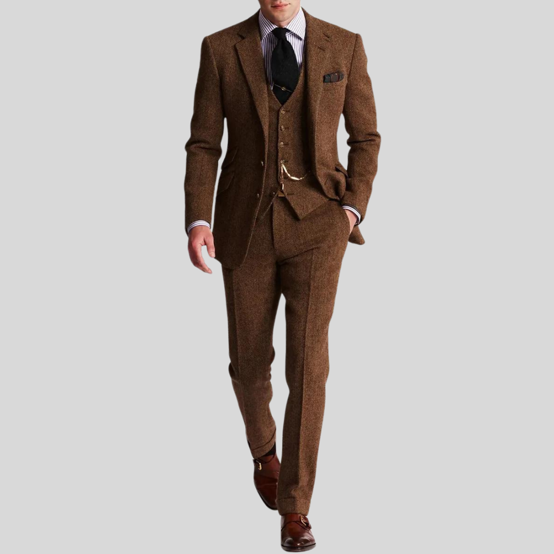 Slim-fit herredress i 3 delt ullblanding, jakke, vest, bukse; ideell for formelle anledninger, moderne og elegant stil.