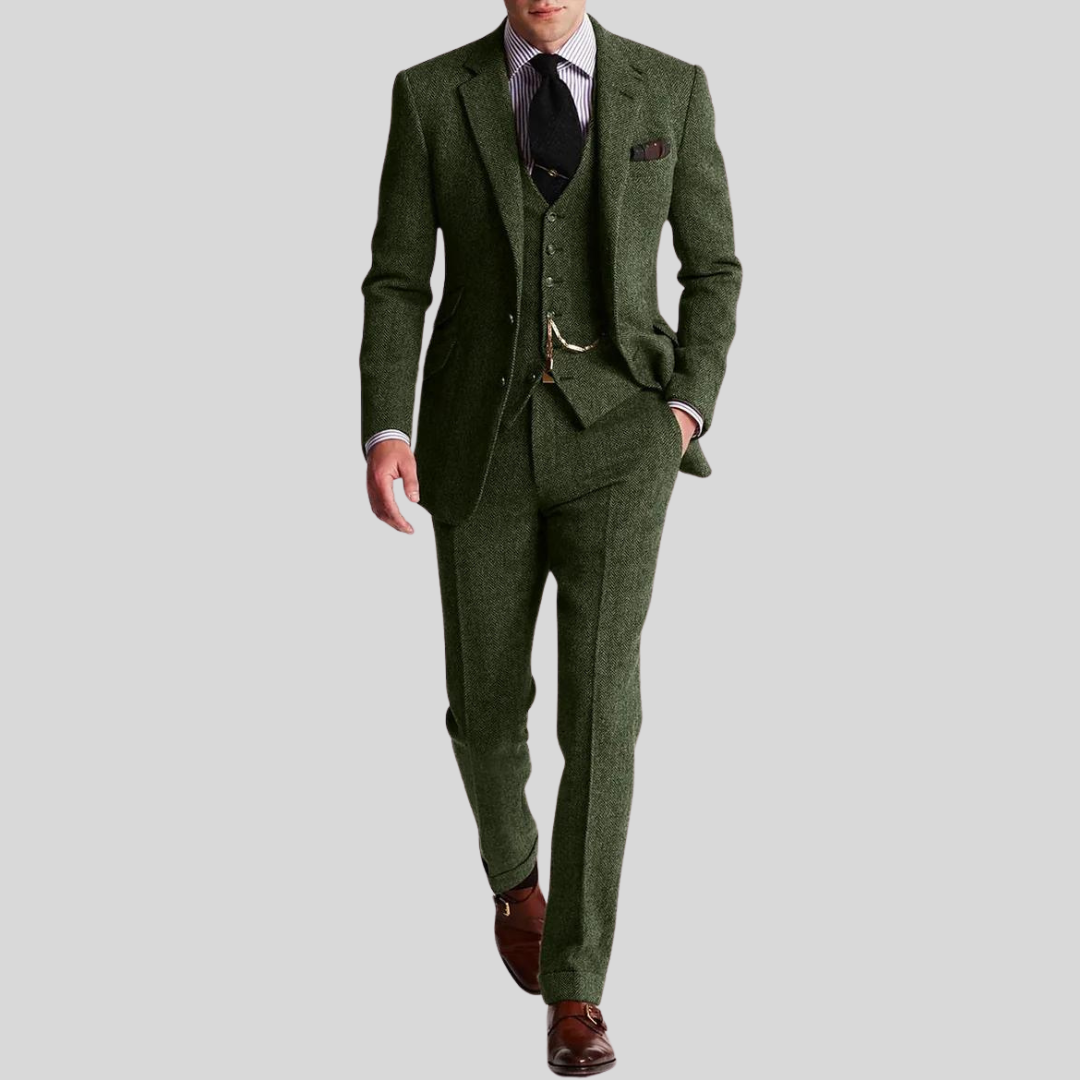 Slim-fit herredress i 3 delt ullblanding, jakke, vest, bukse; ideell for formelle anledninger, moderne og elegant stil.