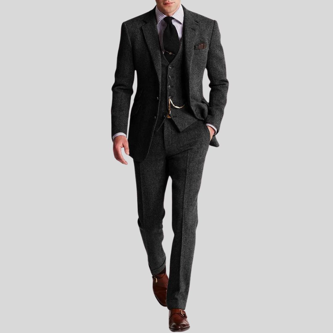 Slim-fit herredress i 3 delt ullblanding, jakke, vest, bukse; ideell for formelle anledninger, moderne og elegant stil.
