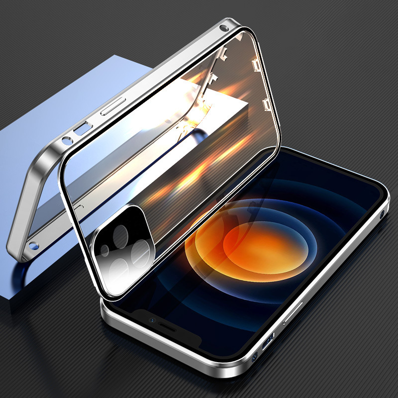 "Slitesterkt dobbeltsidig iPhone-deksel med metallfinish og eksplosjonssikkert glass for optimal beskyttelse og stil."