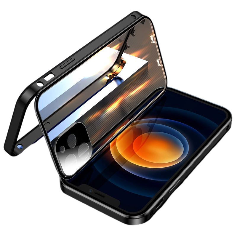 "Slitesterkt dobbeltsidig iPhone-deksel med metallfinish og eksplosjonssikkert glass for optimal beskyttelse og stil."