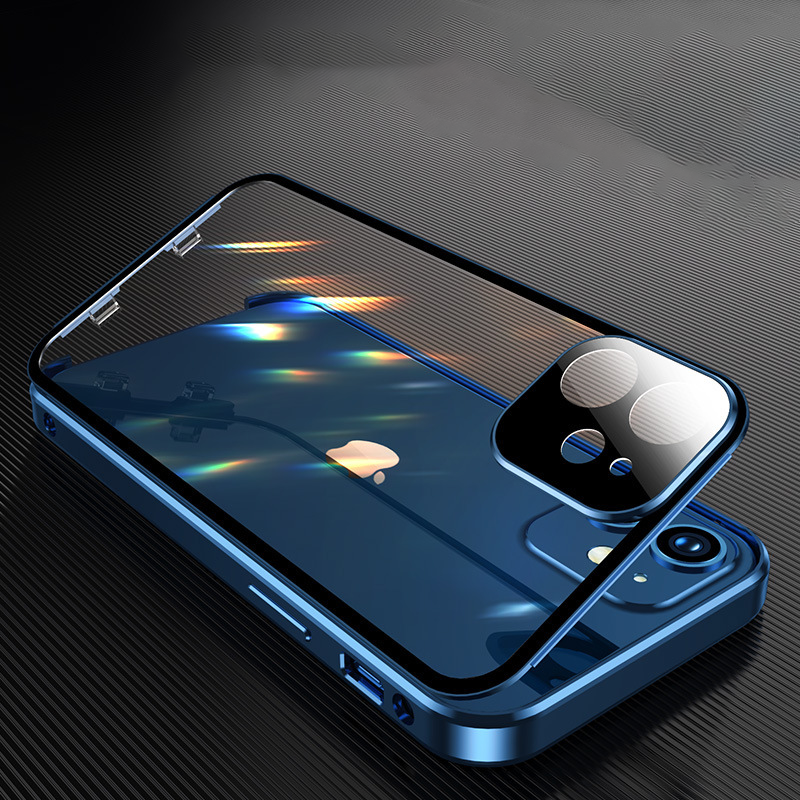 "Slitesterkt dobbeltsidig iPhone-deksel med metallfinish og eksplosjonssikkert glass for optimal beskyttelse og stil."